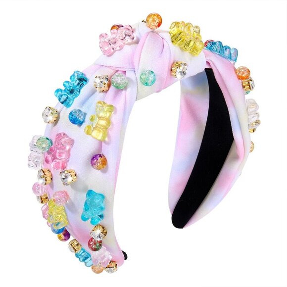 Fabric Headband Gummy Bear Embellished Knot Wide Turban Style for Women Girls main image 4